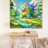 Paint by Numbers mystical creature with rainbow feathers in an idyllic landscape, symbolizing diversity and positivity.