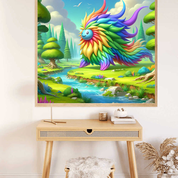 Paint by Numbers mystical creature with rainbow feathers in an idyllic landscape, symbolizing diversity and positivity.