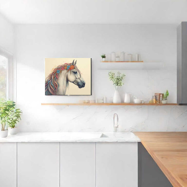 Paint by Numbers - Floral elegance in the wind, White Horse painting hanging in a modern kitchen.