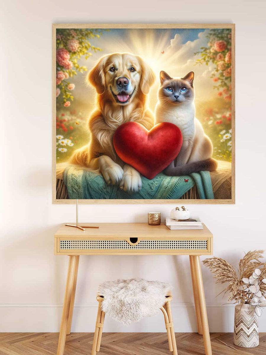 Paint by Numbers kit featuring a radiant dog and graceful cat holding a red heart, symbolizing love and friendship in a golden light.