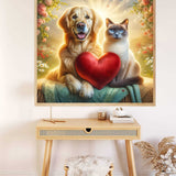 Paint by Numbers kit featuring a radiant dog and graceful cat holding a red heart, symbolizing love and friendship in a golden light.