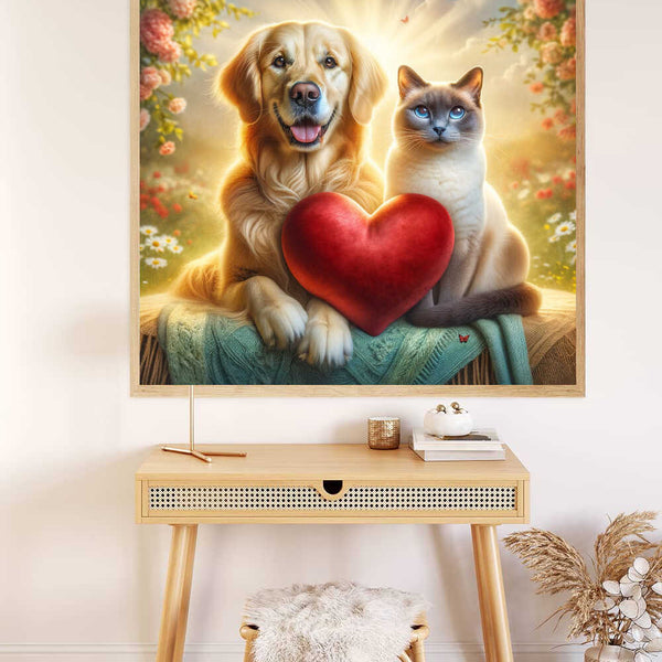 Paint by Numbers kit featuring a radiant dog and graceful cat holding a red heart, symbolizing love and friendship in a golden light.