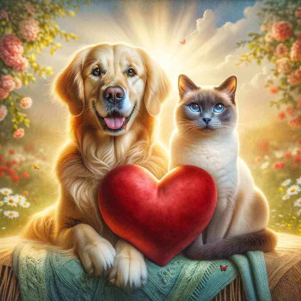 Paint by Numbers Heartfelt Friends - dog and cat holding red heart in idyllic setting with golden light. Symbolizes love, friendship, joy, happiness.