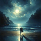Paint by Numbers - Moonlight Synergy, a romantic couple walking on a moonlit beach under a starry sky with reflections on the sea.