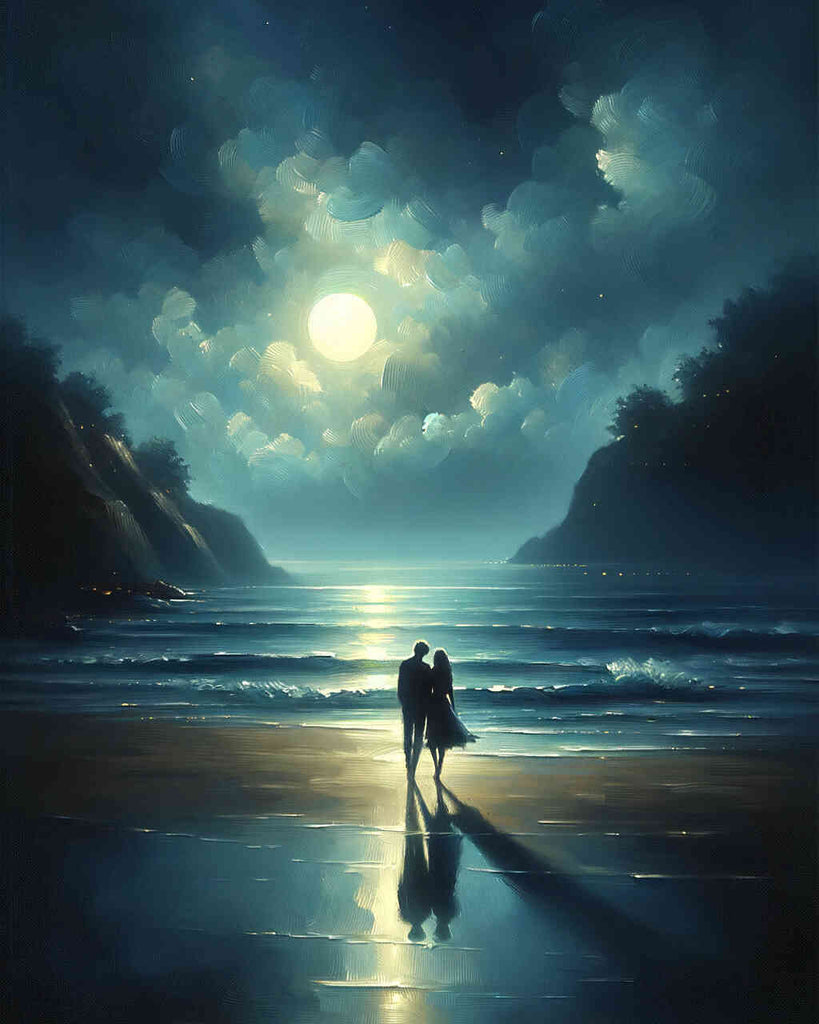 Paint by Numbers - Moonlight Synergy, a romantic couple walking on a moonlit beach under a starry sky with reflections on the sea.