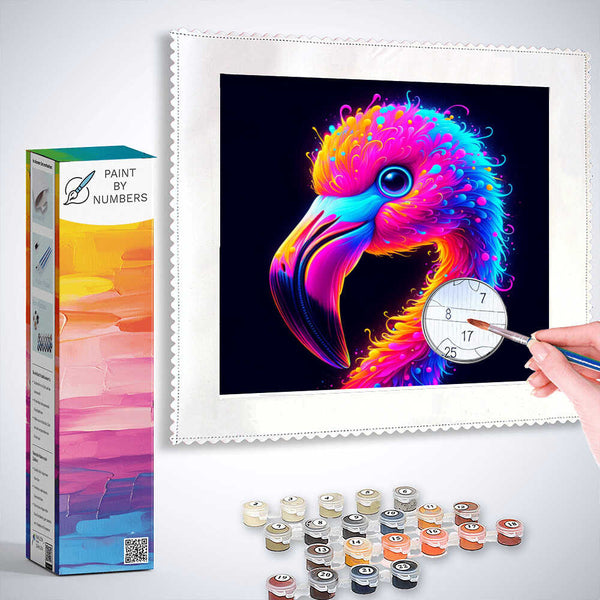 Paint by Numbers kit featuring vibrant "Color Explosion in the Plumage" artwork of a colorful bird, with paint pots and brush.