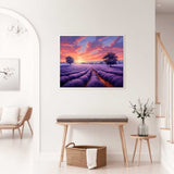 Paint by Numbers - Lavender Dream on the Horizon wall art in modern-impressionist style showcasing a vibrant purple and pink sky over a lavender field.