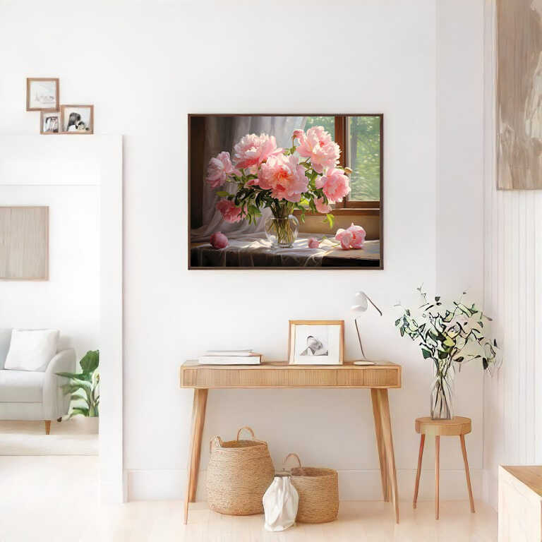 Paint by Numbers artwork of pink and white peonies in a glass vase, illuminated by morning light, hanging in a stylish and bright living room.