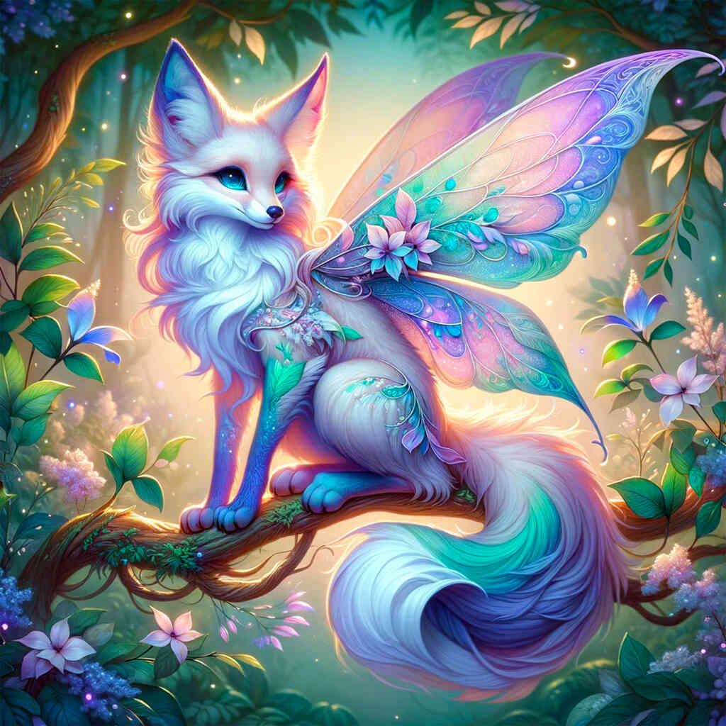 Paint by Numbers - Forest Whispers of Magic, featuring a fantasy fox-butterfly creature on a branch in enchanted blue and purple twilight.