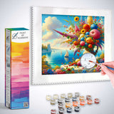 Paint by Numbers kit with vibrant floral masterpiece featuring pink, orange, and yellow blooms, azure sea, and gentle sailing ships.