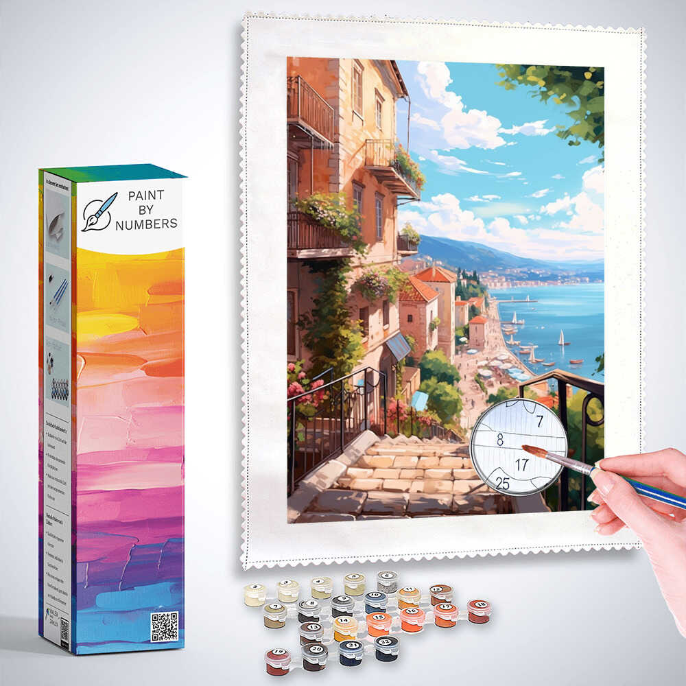 Paint by Numbers kit featuring a coastal Mediterranean town with terracotta roofs, pastel facades, blue-green waves, and a bright blue sky.