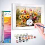 Paint by Numbers kit featuring a vibrant summer flower bouquet artwork with sunflowers, daisies, and wild asters in impressionist style