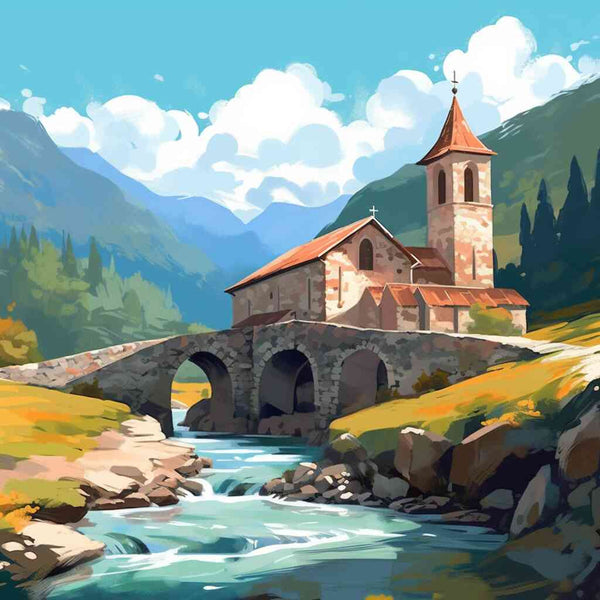 Paint by Numbers - Alpine Peace, Mountain Church featuring a rustic stone house and ancient bridge set in a tranquil mountain landscape.