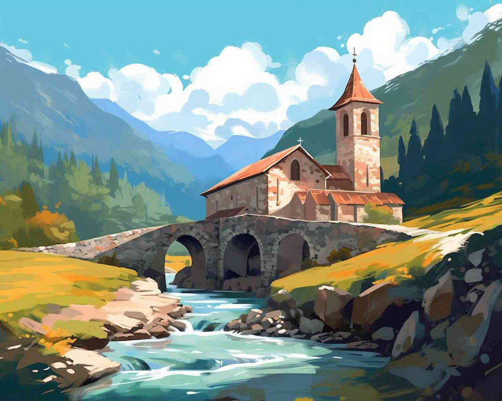 Paint by Numbers - Alpine Peace, Mountain Church featuring a rustic stone house and ancient bridge set in a tranquil mountain landscape.