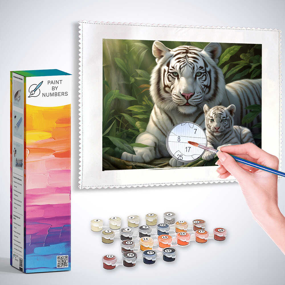 Paint by Numbers kit with white tiger and cub painting, focusing on mother-child bond, set amidst lush greenery and soothing colors.