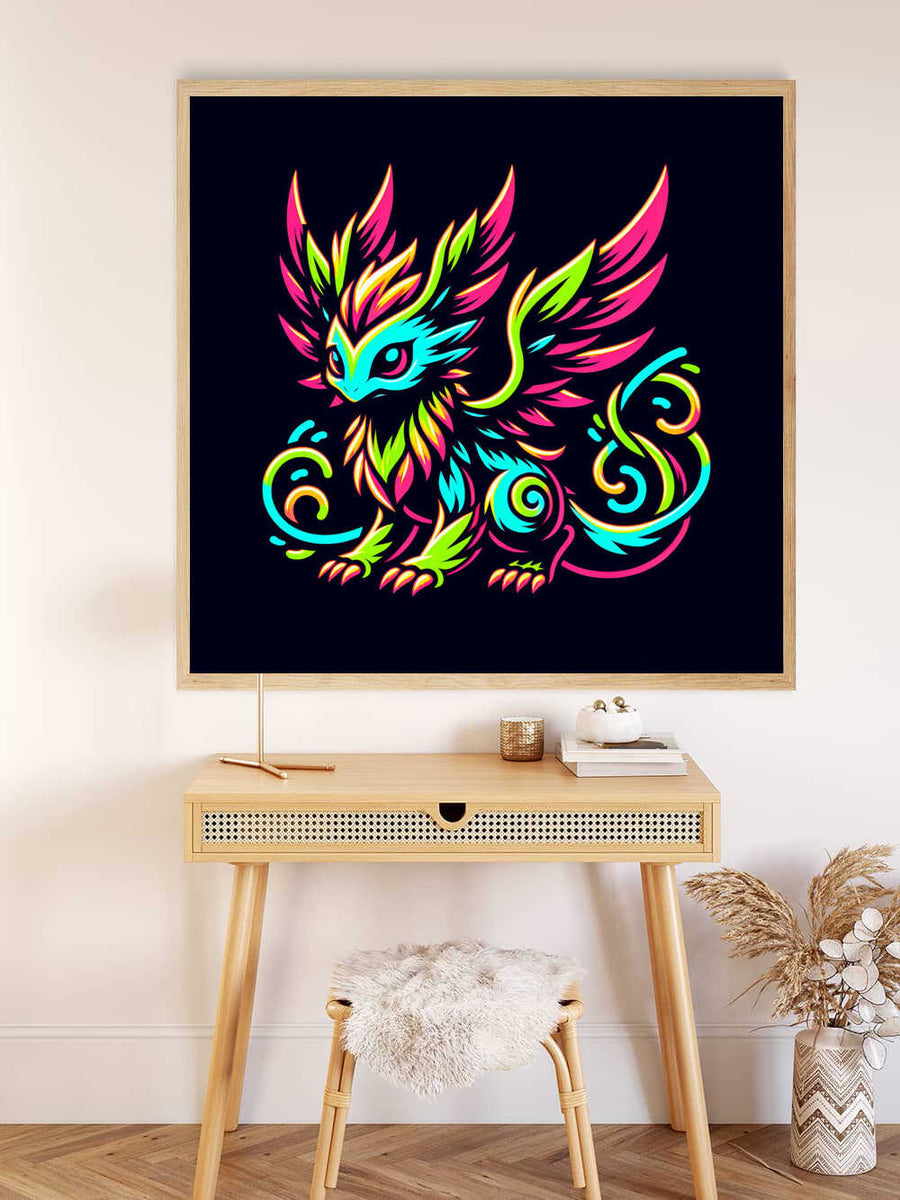 Paint by Numbers art titled "Luminous Mysteries" featuring a mythical creature with neon blue, green, and pink feathers in a modern pop art style.