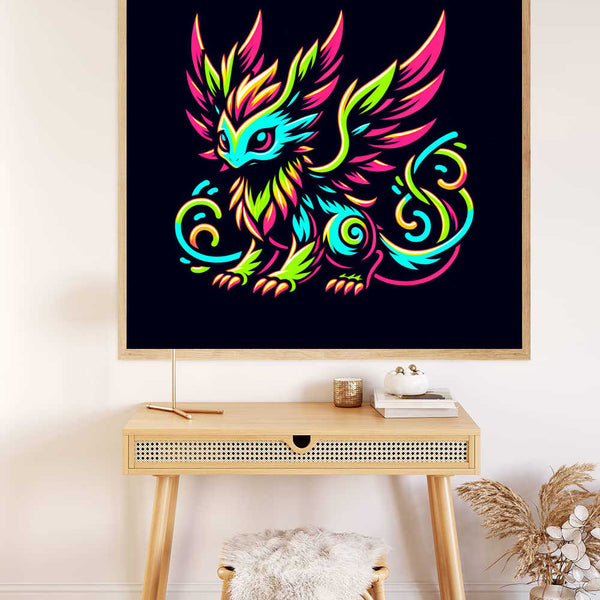Paint by Numbers art titled "Luminous Mysteries" featuring a mythical creature with neon blue, green, and pink feathers in a modern pop art style.