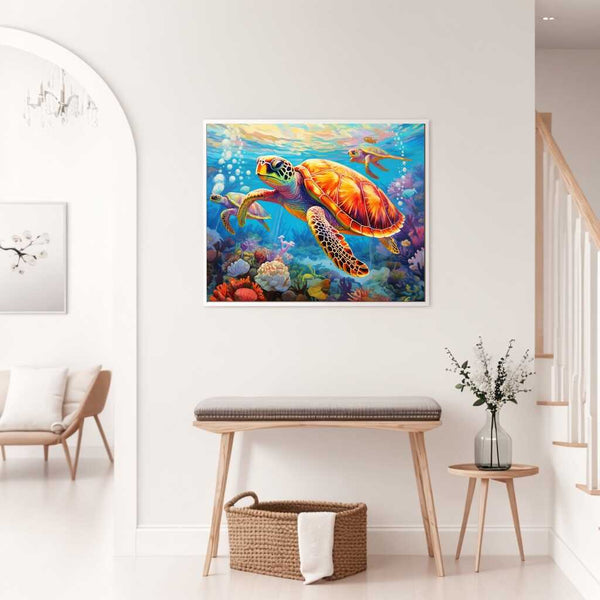 Paint by Numbers marine luminescence artwork titled "Ocean Glow: Under the Spell of the Deep Sea" featuring a vibrant sea turtle.