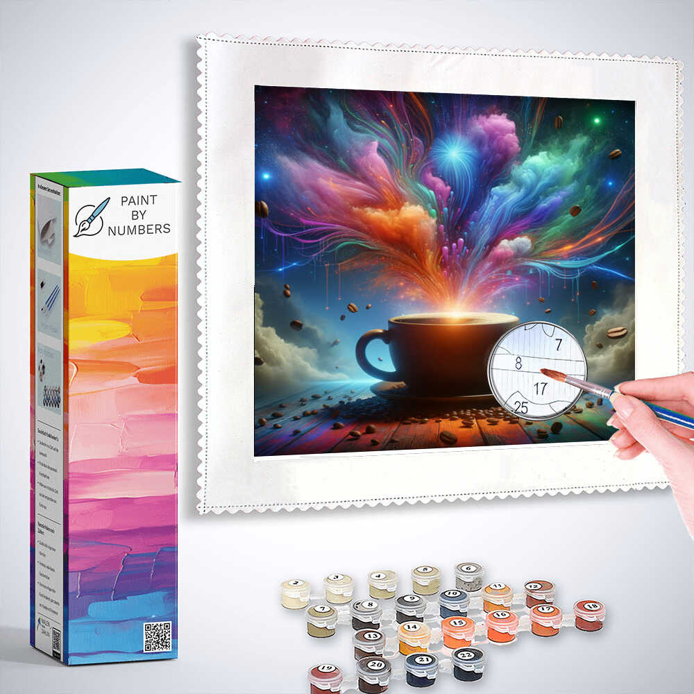 Paint by Numbers - Cosmic Coffee Delight with vibrant aurora colors and floating coffee beans surrounded by celestial lights and clouds.