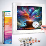 Paint by Numbers - Cosmic Coffee Delight with vibrant aurora colors and floating coffee beans surrounded by celestial lights and clouds.