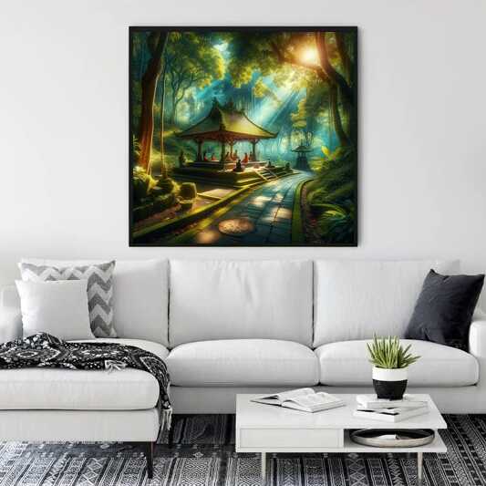 Paint by Numbers - Mysterious Forest Sanctum artwork displayed in a modern living room above a chic white sofa.