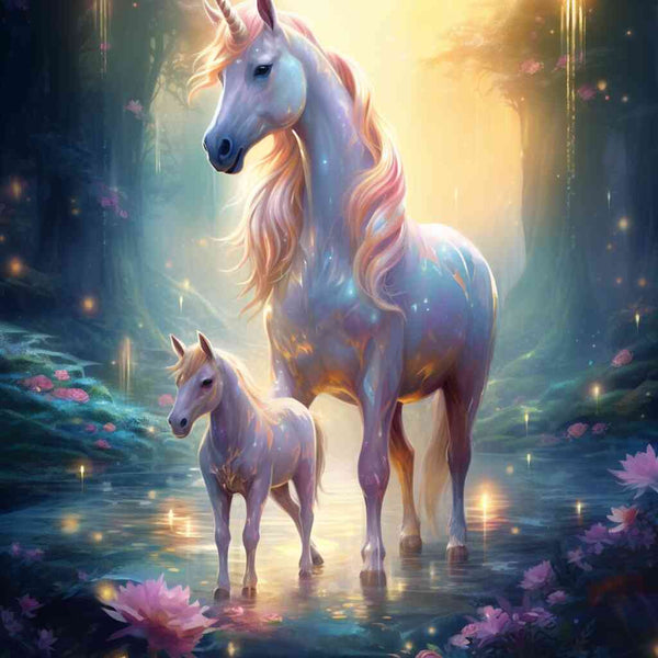Magical Paint by Numbers kit depicting two unicorns in an enchanted forest with glowing light and vibrant flowers.