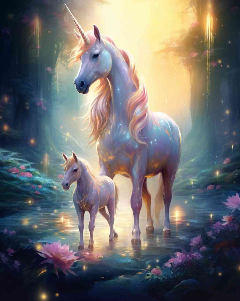 Magical Paint by Numbers kit depicting two unicorns in an enchanted forest with glowing light and vibrant flowers.