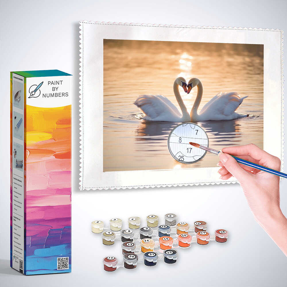 "Paint by Numbers kit featuring 'Hidden Tenderness in the Evening Light' with swans forming a heart shape, including paint pots and brush."