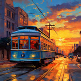 Paint by Numbers - Evening tram in a city with a glowing sunset, reflections on railway track, and modern architecture forming a romantic urban silhouette.