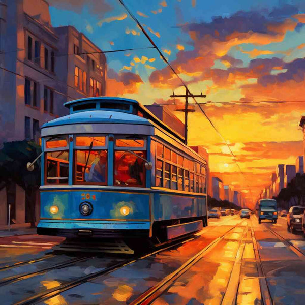 Paint by Numbers - Evening tram in a city with a glowing sunset, reflections on railway track, and modern architecture forming a romantic urban silhouette.