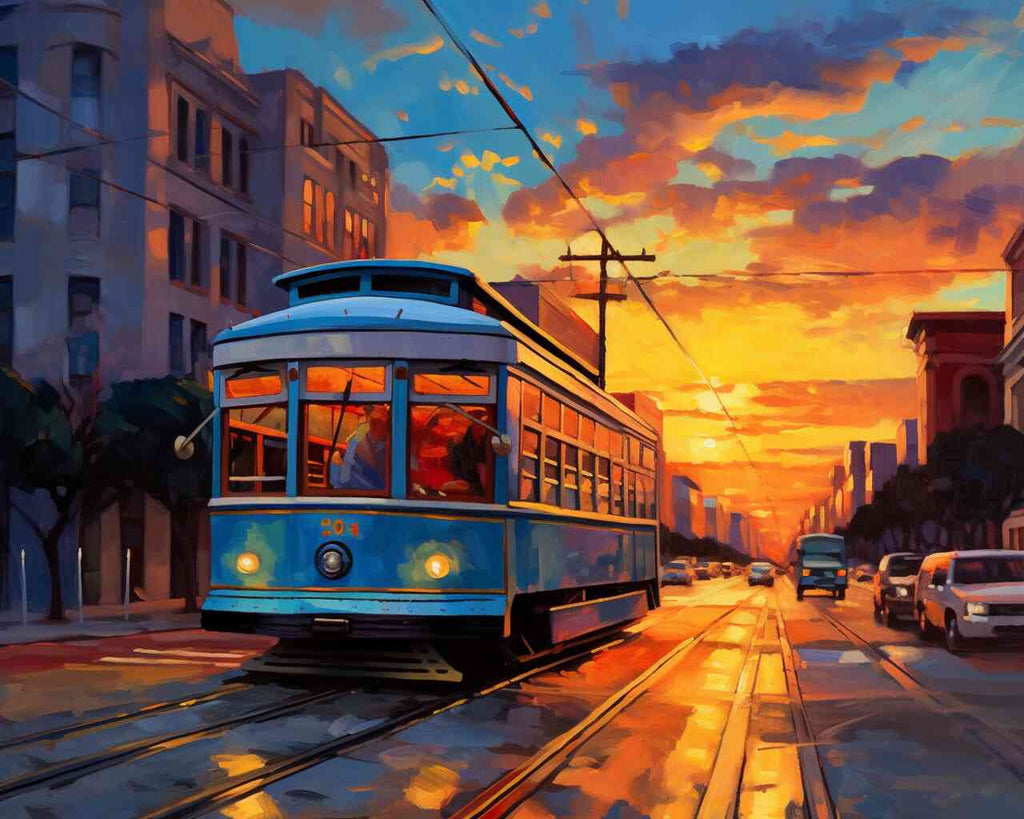 Paint by Numbers - Evening tram in a city with a glowing sunset, reflections on railway track, and modern architecture forming a romantic urban silhouette.