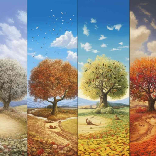 Paint by Numbers - Vibrant panorama showcasing trees in all four seasons, from winter's stillness to autumn's splendor
