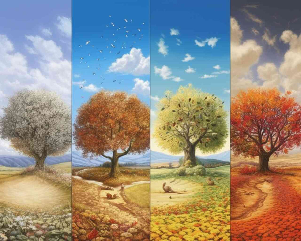 Paint by Numbers - Vibrant panorama showcasing trees in all four seasons, from winter's stillness to autumn's splendor