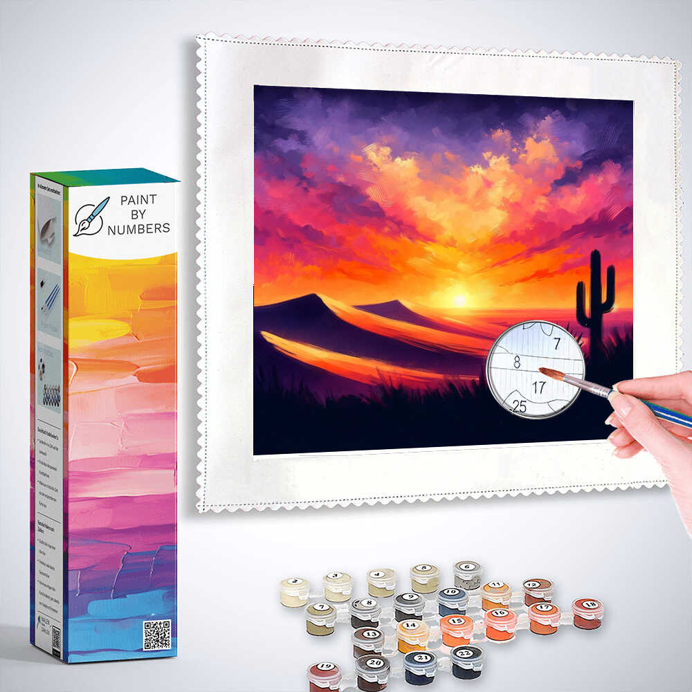 Paint by Numbers Desert Sky Flame kit with vibrant sunset, cacti, and paint set