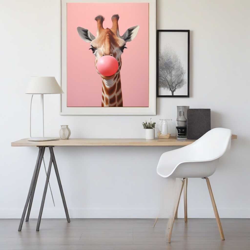 Paint by Numbers - Bubblegum Kiss featuring a playful giraffe with pink chewing gum on a modern, minimalist office wall.
