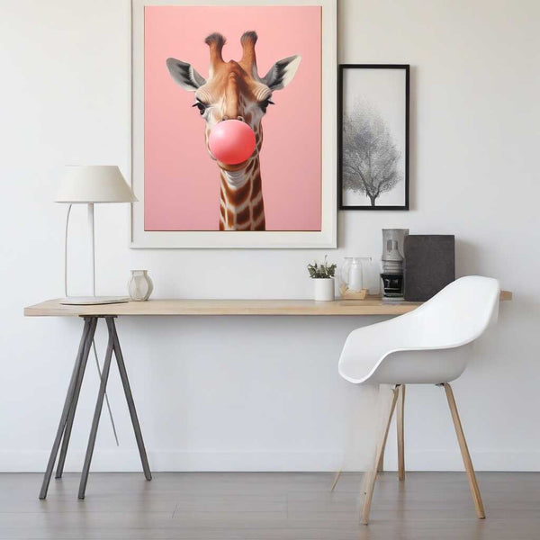 Paint by Numbers - Bubblegum Kiss featuring a playful giraffe with pink chewing gum on a modern, minimalist office wall.