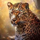 Paint by Numbers - Autumn Majesty: Majestic leopard with amber eyes in an autumn forest, blending abstract brushstrokes and photorealism.