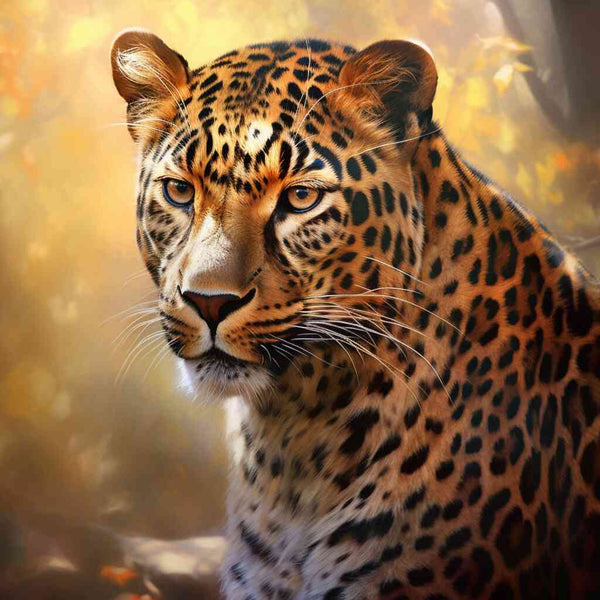 Paint by Numbers - Autumn Majesty: Majestic leopard with amber eyes in an autumn forest, blending abstract brushstrokes and photorealism.