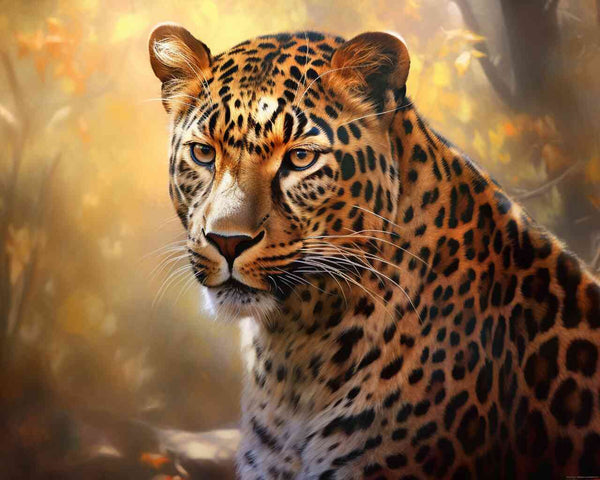 Paint by Numbers - Autumn Majesty: Majestic leopard with amber eyes in an autumn forest, blending abstract brushstrokes and photorealism.
