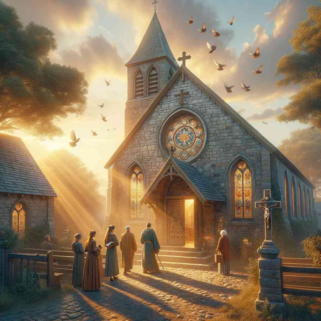 Paint by Numbers - Morning Rays of Devotion with villagers gathering at a sunlit church, warm gold and amber colors, and playful swallows.