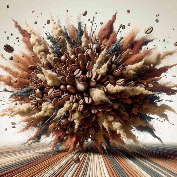 Paint by Numbers - Coffee Cosmos artwork with coffee beans exploding in dynamic shades of brown, symbolizing the energy and aroma of freshly ground coffee.