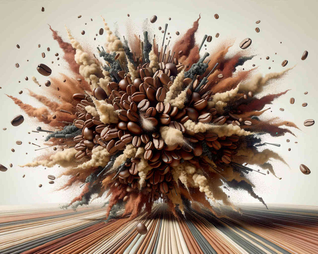Paint by Numbers - Coffee Cosmos artwork with coffee beans exploding in dynamic shades of brown, symbolizing the energy and aroma of freshly ground coffee.