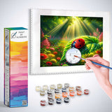 Paint by Numbers kit featuring vibrant ladybird on foliage artwork with sunlight and colorful flora in Lights of Life design.