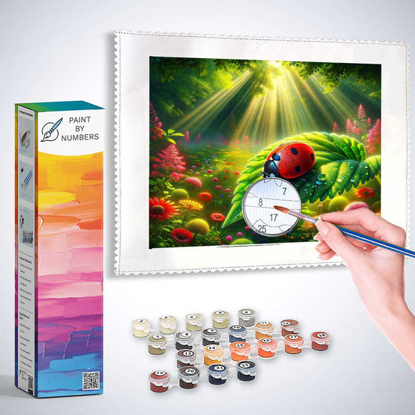 Paint by Numbers kit featuring vibrant ladybird on foliage artwork with sunlight and colorful flora in Lights of Life design.