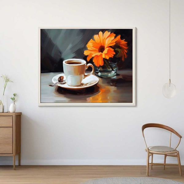 Paint by Numbers - Morning Silence art featuring a steaming coffee cup and bright orange flower on a table, radiating warmth and calm.