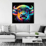 Paint by Numbers - Cosmic Color Play, vibrant neon-hued mystical creature artwork in modern pop art style, hanging in a stylish living room.