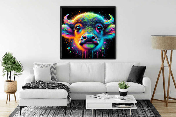 Paint by Numbers - Cosmic Color Play, vibrant neon-hued mystical creature artwork in modern pop art style, hanging in a stylish living room.