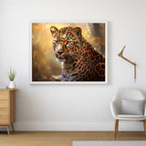 Paint by Numbers - Autumn Majesty, featuring a majestic leopard in an autumn forest with golden light and warm earthy tones.