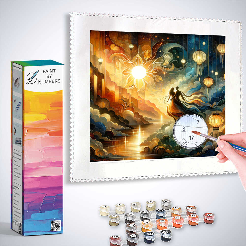 Paint by Numbers kit titled "Cosmic Elegance" showing a couple dancing amidst stars and warm lights with paint supplies in the foreground.