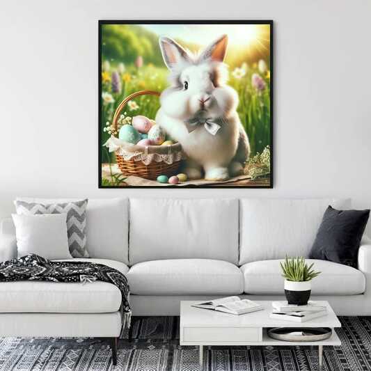 Paint by Numbers artwork of a cute rabbit beside a basket of Easter eggs in a spring meadow, displayed on a living room wall.